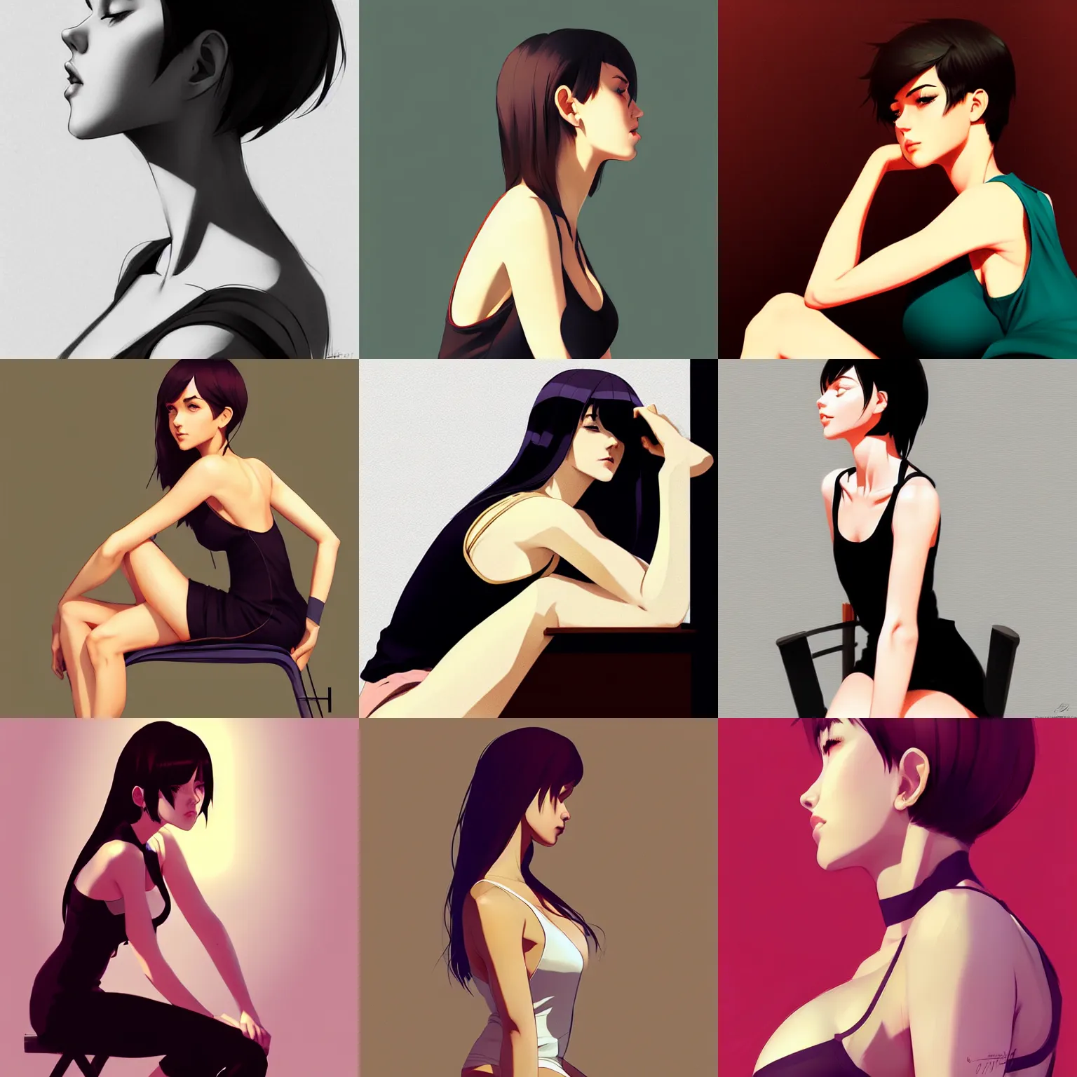 Prompt: sexy girl wearing a low cut tanktop, sitting on a chair, side view, in the style of ilya kuvshinov, in the style of artgerm, deviantart
