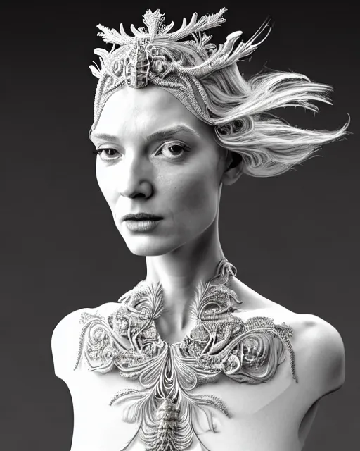 Image similar to bw 3 d render of a beautiful female queen - cyborg - vegetal, dressed in long elegant intricate ornamental white dress, intricate fractal ornament in the bust with a very long neck, elegant, highly detailed intricate baroque ornament in her blond long hair, realistic, refined, highly detailed, cinematic outdoor lighting, fine art photography by flora borsi, volumetric lighting, hyper realistic photography