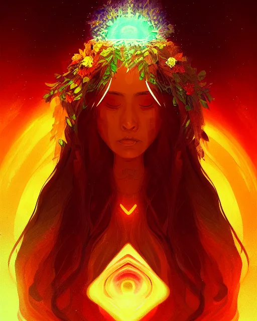 Prompt: earth priestess organic overgrowth portrait, artgerm, flowers, vortex, radiant halo of light, alena aenami, fire and water, liquid smoke, artstation