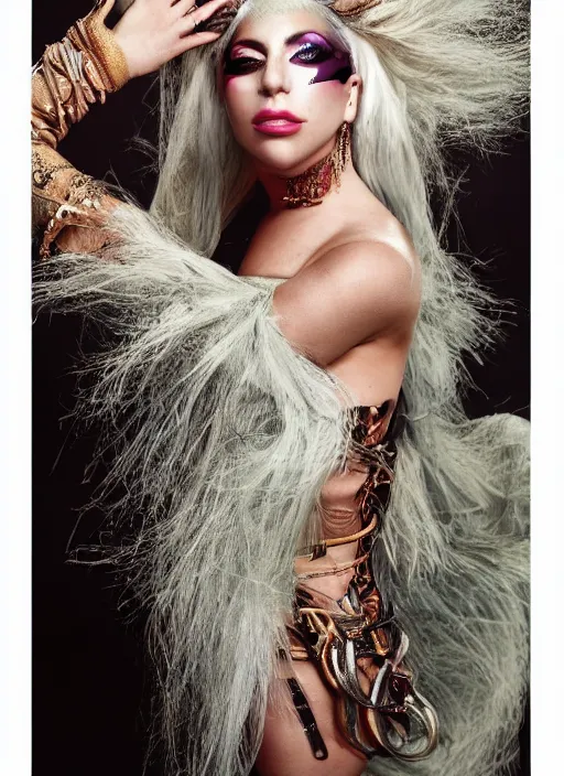 Prompt: lady gaga in an ancient themed photoshoot, nick knight, annie leibovitz, posing, style, vogue magazine, highly realistic. high resolution. highly detailed. dramatic. 8 k. 4 k.