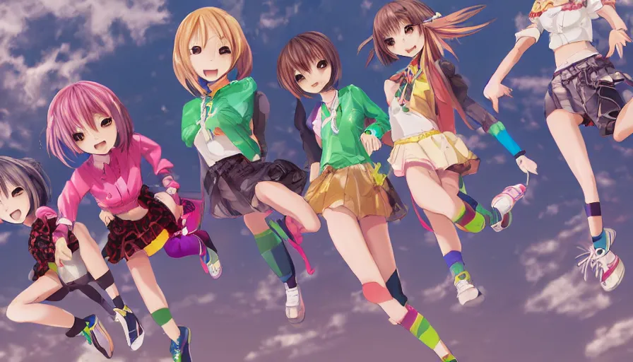 Image similar to three cute anime characters jumping, colorful outfits, realistic face, detailed face, detailed eyes, short miniskirts, lightly dressed, ultra detailed digital art, hyper real, detailed, group photo, ultra detailed, ground up angle