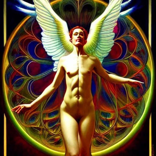 Prompt: psychedelic angelic celestial being artwork of esao andrews frank xavier leyendecker, energy body, sacred geometry, esoteric art, divinity detailed, saturated colors,