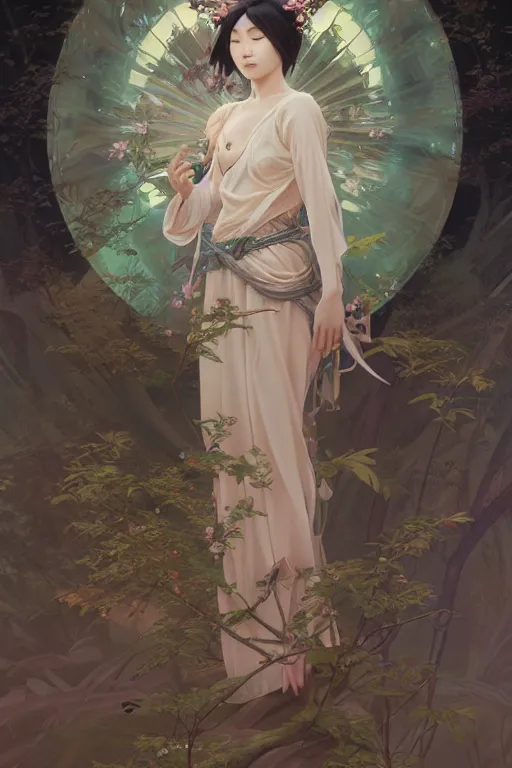 Image similar to Japanese goddess of nature, accurate anatomy, only two hands, highly detailed, digital painting, artstation, concept art, smooth, sharp focus, illustration, Unreal Engine 5, 8K, art by Ross Tran and greg rutkowski and alphonse Mucha