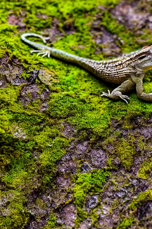 Prompt: a macro photo of a lizard on a moss covered rock, shiny scales, moss and vegetation, ancient forest, close - up, intricate details, intricately detailed textures, warm lighting, vivid colors, smoke and mist, hyper realistic octane render, volumetric shading, depth of field, raytracing, 8 k,