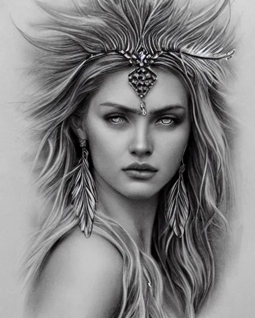 Image similar to pencil drawing of beautiful greek goddess aphrodite with arrowhead earrings and beautiful feather jewelry, beautiful piercing eyes, beautiful blonde hair flying in the wind, hyper realistic face, in the style of greg rutkowski, fantasy, amazing detail, epic, elegant, smooth, sharp focus, from the front