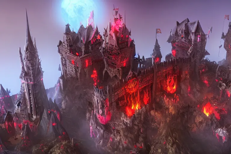 Image similar to big evil castle - city rock dark shadow elves, might and magic heroes vii, dark fantasy, shadows, artstation trending, unreal engine 5, red