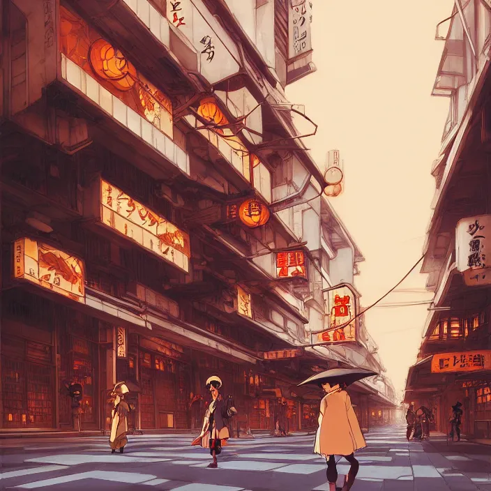 Image similar to empty tokyo, autumn, in the style of studio ghibli, j. c. leyendecker, greg rutkowski, artem