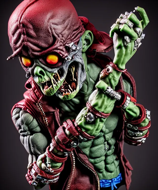 Image similar to hyperrealistic rendering, punk rock zombie is motu action figure, product photography