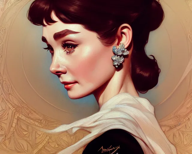 Image similar to photography of audrey hepburn, deep focus,, intricate, elegant, highly detailed, digital painting, artstation, concept art, matte, sharp focus, illustration, art by artgerm and greg rutkowski and alphonse mucha