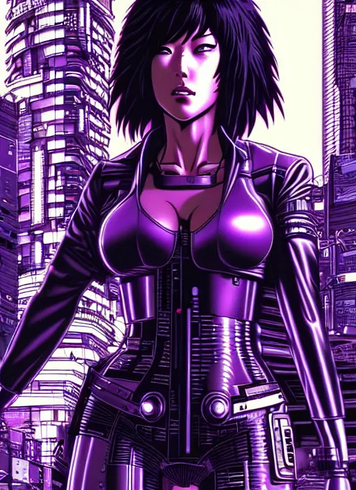 Image similar to motoko kusanagi in grungy cyberpunk megacity, intricate and finely detailed, cyberpunk vaporwave, portrait by j scott campbell, phil jimenez, ilya kuvshinov