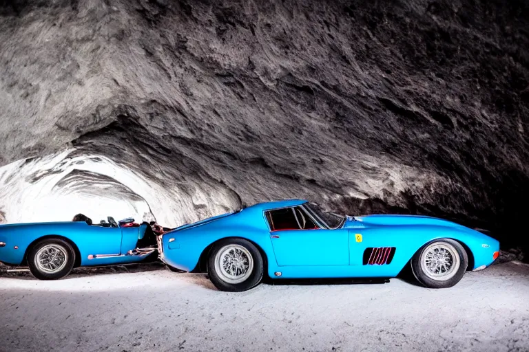 Image similar to cinematography of Ferrari 250 GTO series 2 in a blue glacier cave by Emmanuel Lubezki