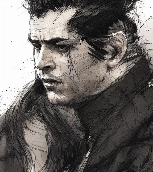 Prompt: portrait of clean - shaven man with pony - tail hair up wearing black robes, pen and ink, intricate line drawings, by craig mullins, ruan jia, kentaro miura, greg rutkowski, loundraw