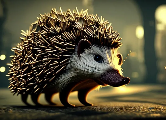 Image similar to intricate hedgehog with metal nails instead of needles, on the background of a weird magical mechanical forest. Very detailed 8k. Fantasy cyberpunk horror. Sharp. Cinematic post-processing. Unreal engine. Nanite. Ray tracing. Parallax. Tessellation