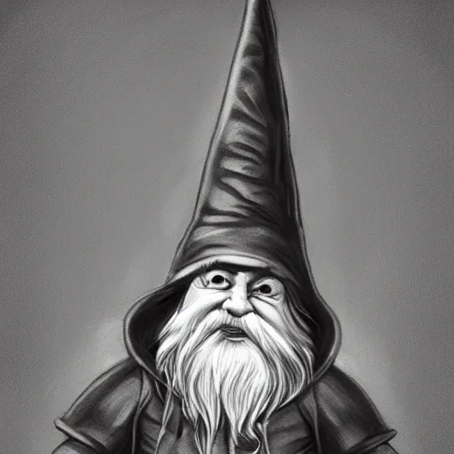 Prompt: crazy gnome, pencil art, black and white