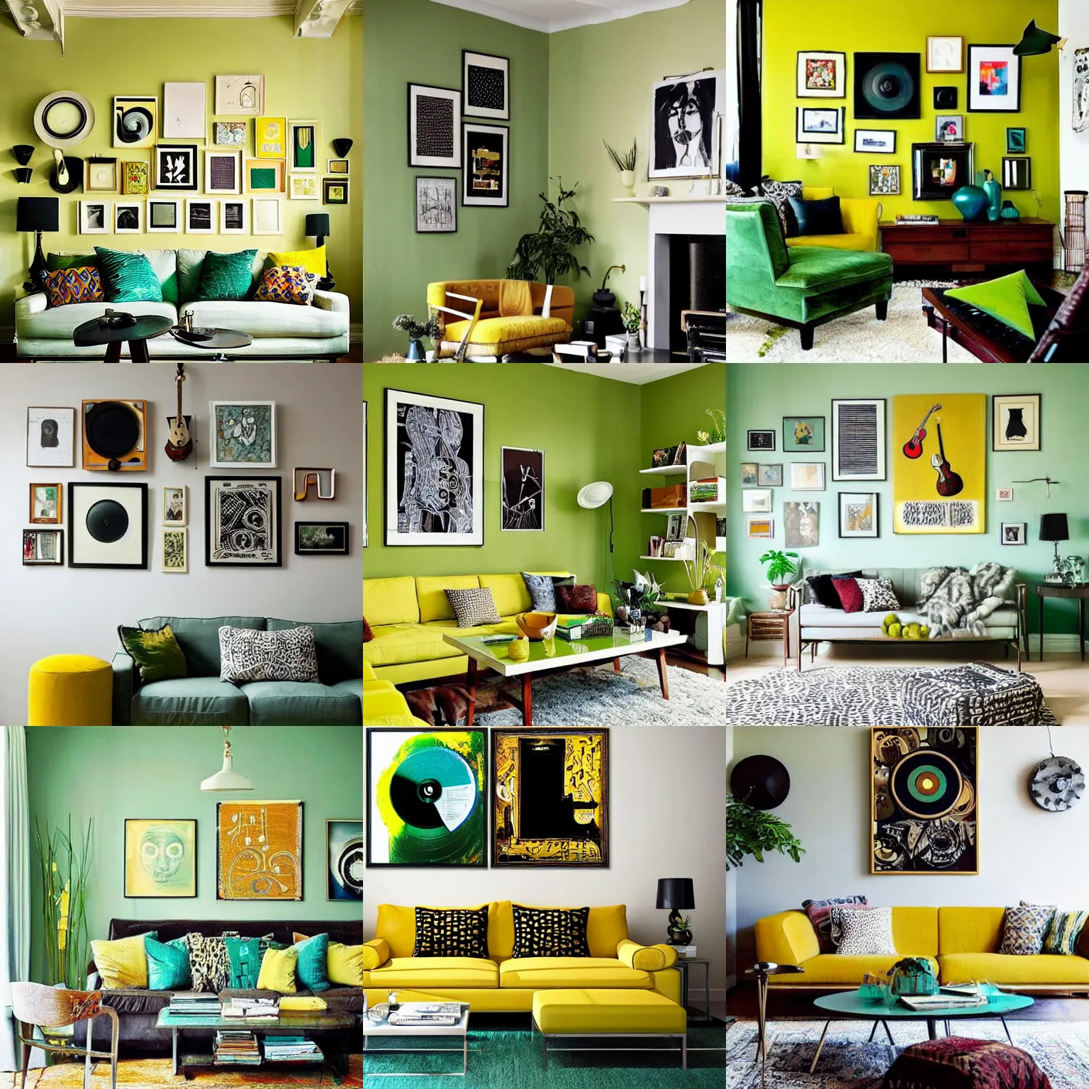 Prompt: living room interior design with style of japandi, art wall, music instruments, music records, pale green and hints of light warm yellow