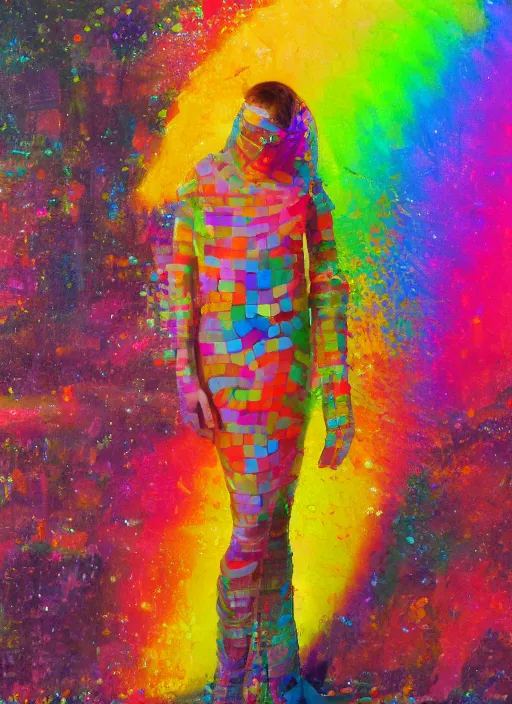 Image similar to colorful rainbow woman in a translucent clothing made from plastic bag with paper bags for clothes standing inside paper bags with paper bag over the head at store display, highly detailed, artstation, art by PAUL LEHR