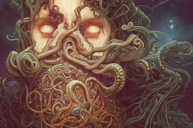 Image similar to a lovecraftian painting of cthulhu face of cosmic horror, cosmic horror elements, ultra realistic, concept art, intricate details, eerie, highly detailed, photorealistic, octane render, 8 k, unreal engine. art by artgerm and greg rutkowski and alphonse mucha