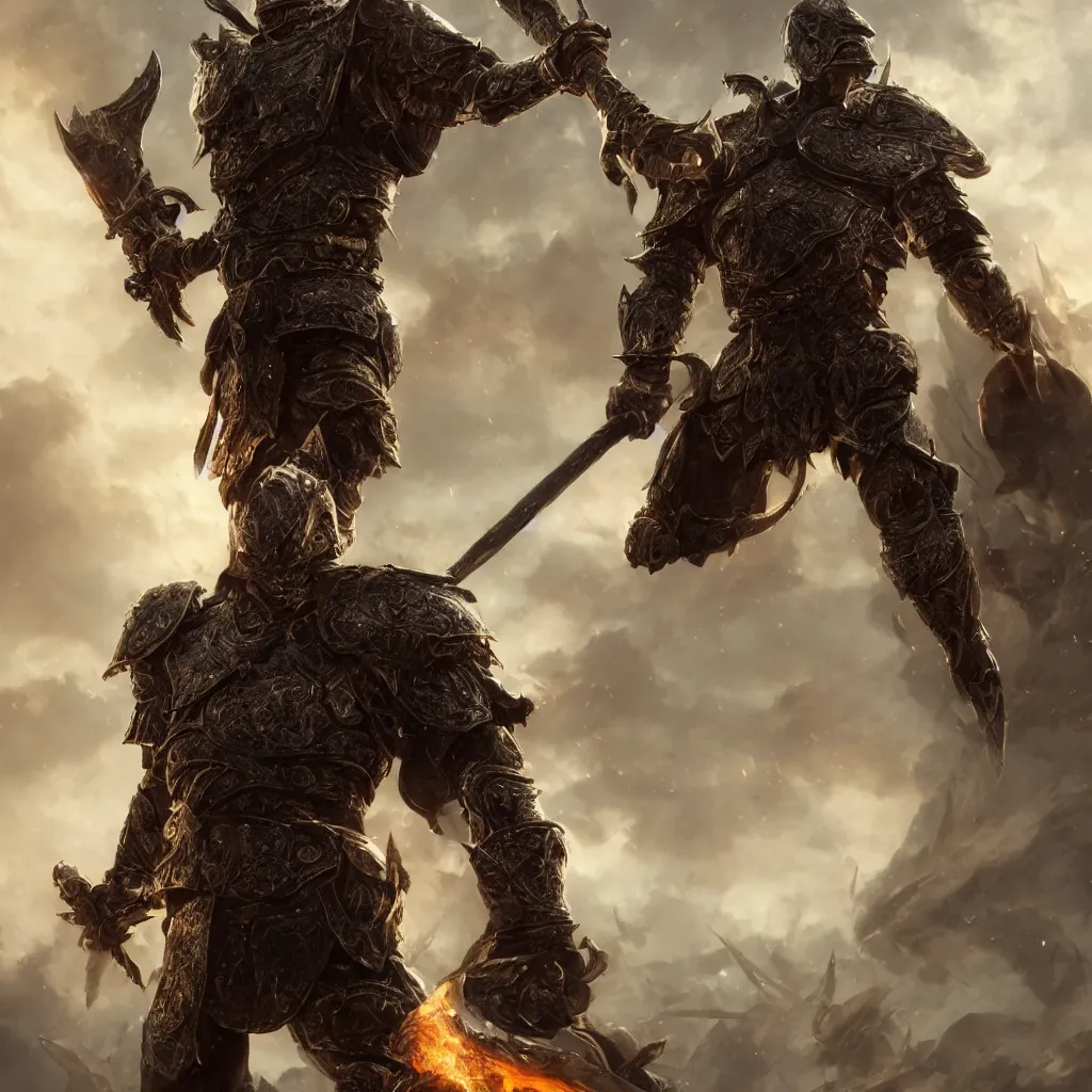 Prompt: photo full-body-portrait of brutal Warrior, wearing intricate steel armor, sharp focus, holding magical fiery battle-axe, magical aura, heroic pose, fantasy style, octane render, volumetric lighting, 8k high definition, by greg rutkowski, highly detailed, trending on ArtStation, magical Battlefield background, centered