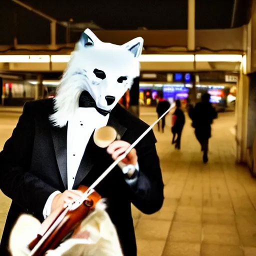 Image similar to a man in a tux wearing a white wolf mask playing the violin at a dirty metro station, unnerving, dark, disturbing, creepy, at night