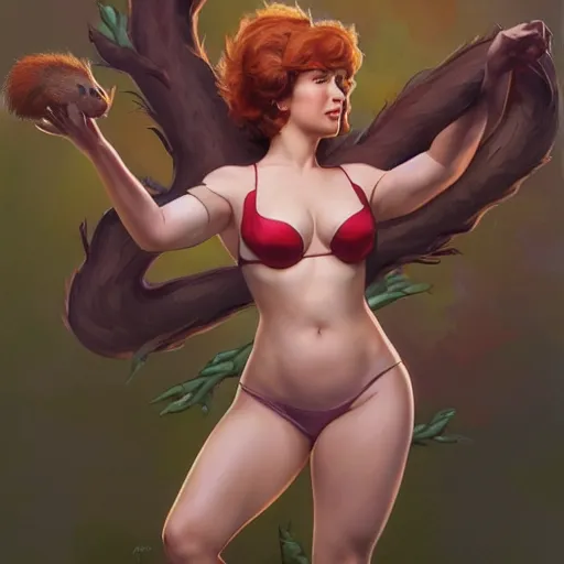 Image similar to milana vayntrub as squirrel girl, highly detailed, digital painting, artstation, concept art, sharp focus, illustration, cinematic lighting, art by artgerm and greg rutkowski and alphonse mucha