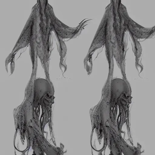 Image similar to concept designs for an ethereal ghostly wraith like figure with a squid like parasite latched onto its head and long tentacle arms that flow lazily but gracefully at its sides like a cloak while it floats around a frozen rocky tundra in the snow searching for lost souls and that hides amongst the shadows in the trees, this character has hydrokinesis and electrokinesis for the resident evil village video game franchise with inspiration from the franchise Bloodborne and the mind flayer from stranger things on netflix