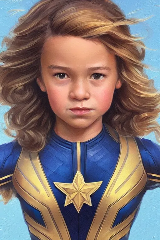 Prompt: a little girl with a michievous face and wavy curly light brown hair. she is dressed as captain marvel, a superhero. clean elegant painting, beautiful detailed face. by artgerm and greg rutkowski