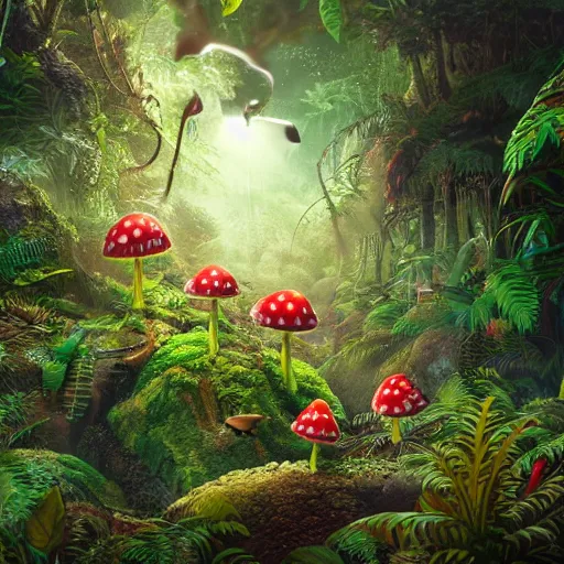 Image similar to Intricate detailed illustration, A small sentient and happy mushroom frolicking in a lush tropical jungle, 🍄 , cinematic lighting, by Philip Hood, wide angle, volumetric light scattering, 8k, artstation, concept art,