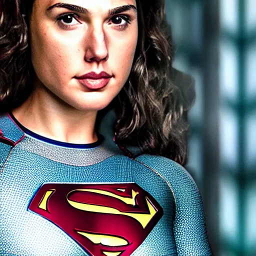 Image similar to an potrait of gal gadot wearing Henry Cavill Superman suit, photorealistic, high detail, photo studio, testing custom, 4k