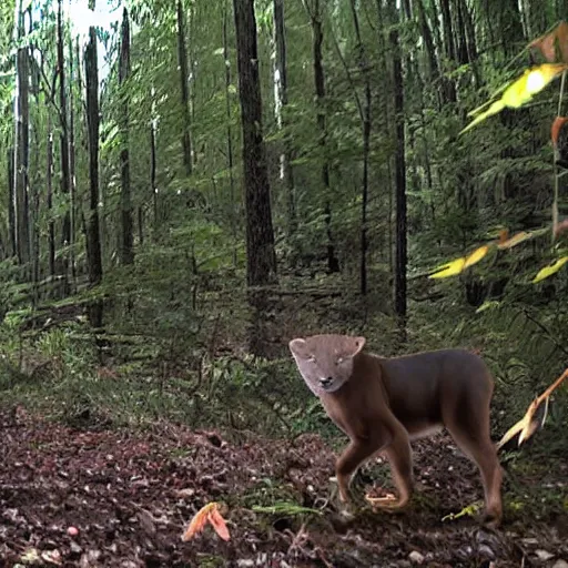 Prompt: Trailcam photograph of Obama stalking in the forest with predatory reflective eyes