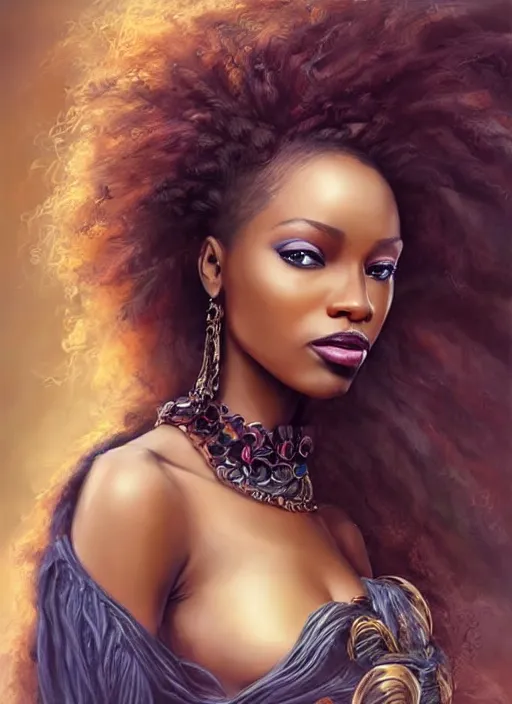 Image similar to a beautiful african woman, 8 k, hyperrealistic, hyperdetailed, beautiful face, long hair windy, dark fantasy, fantasy portrait by laura sava