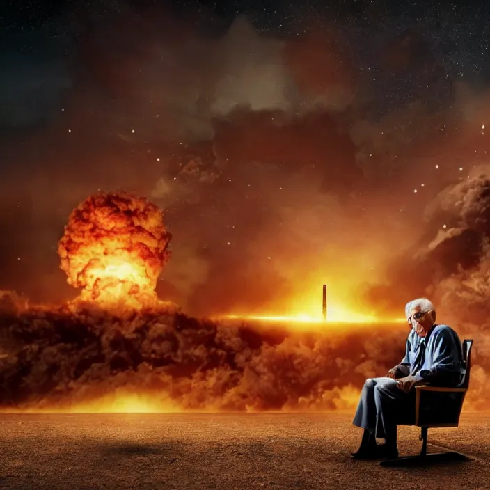 Image similar to cinematic movie, background blur bokeh, old man sitting in chair with black cat watching nuke explosion, world ending nuke, 4 k