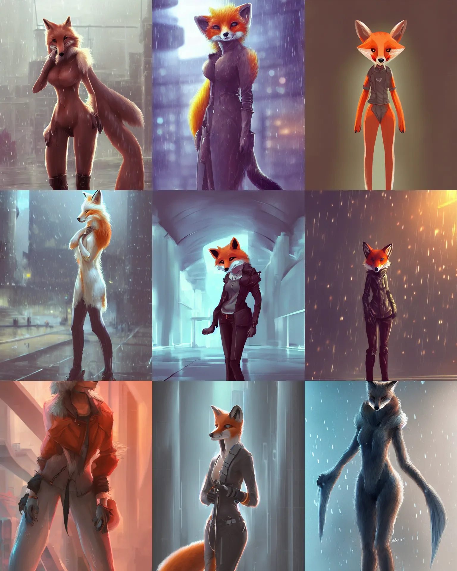 Prompt: a gorgeous female natural fox fursona, standing in a rainy futuristic plaza with massive pillars, trending on artstation, by kawacy, furry art, digital art, cyberpunk, high quality, backlighting