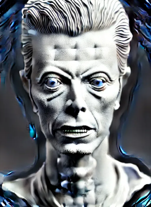 Image similar to David Bowie , A Close up photo-real delicate ceramic porcelain sculpture of a symmetrical ornate detailed in front of an intricate background by Victo Ngai and takato yamamoto, micro detail, backlit lighting, face in focus, subsurface scattering, translucent, thin porcelain, octane renderer, colorful, physically based rendering, japanese pottery, trending on cgsociety