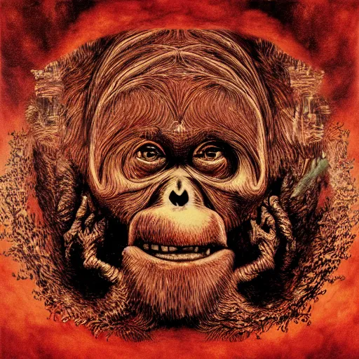 Prompt: orangutan descending from heaven, in the style of deathspell omega's fas album cover, illustration, detailed