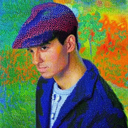 Image similar to oil on canvas, vivid colors, portrait of a young man, impressionistic, pointillism, it is painted really roughly