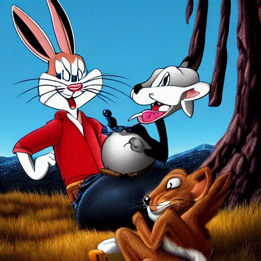 Prompt: bugs bunny being eaten by a mountain lion, digital art, 4k