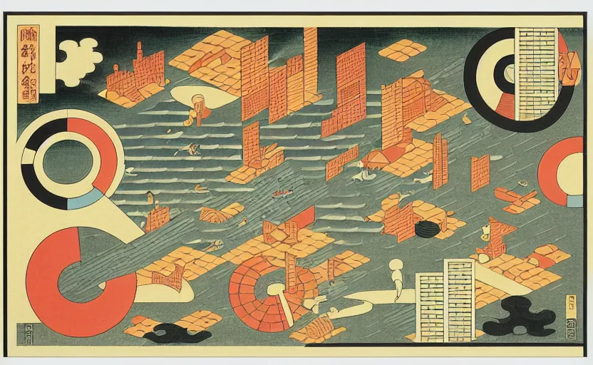 Image similar to isometric urban dashboard with time series charts, pie plots and other modern graphics, with small creatures swimming on it. monografia by diego rivera ( ukiyo - e influence )