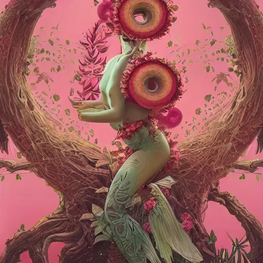 Prompt: Tropical tree branch growing pink donuts, intricate, elegant, highly detailed, digital painting, artstation, concept art, smooth, sharp focus, illustration, art by artgerm and greg rutkowski and alphonse mucha and shepard fairey