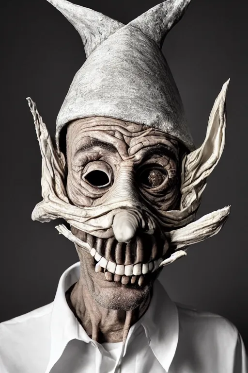 Image similar to portrait photo of an old wrinkled man, skinny face, bony face, long crooked nose, large gaping mouth, black pulcinella mask, masquerade mask, pointy conical hat, white wrinkled shirt, holding pizza, presenting pizza, close - up, skin blemishes, menacing, intimidating, masterpiece by herb ritts