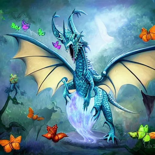 Prompt: scary dragon playing with butterflies, amazing digital art, high details