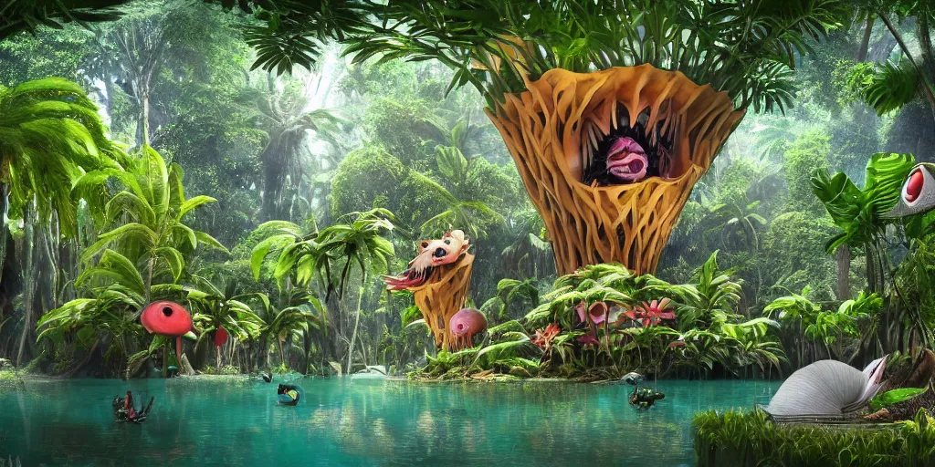 Image similar to of a tropical rainforest lake with strange cute friendly happy creatures with huge eyes, mouth, long tongue, round teeth and goofy face, appearing from the trees, in the style of gehry and gaudi, macro lens, shallow depth of field, ultra detailed, digital painting, trending artstation, concept art, illustration, cinematic lighting, photorealism, epic, octane render