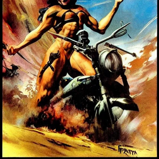 Prompt: into glory ride, artwork by Frank Frazetta