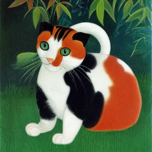 Image similar to calico cat in the style of henri rousseau