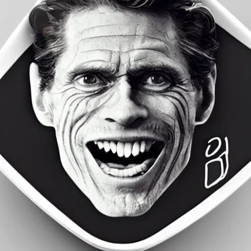 Image similar to a yogurt with the face of willem dafoe on it