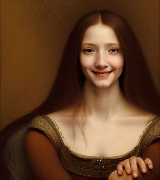 Prompt: portrait of a long - haired woman smiling as she is sitting upon a table with heightened detail, poised, intense emotion, detailed facial expression, detailed surroundings, intricate, elegant, highly detailed, centered, digital painting, artstation, concept art, smooth, sharp focus, illustration, by ( leonardo da vinci ), wlop