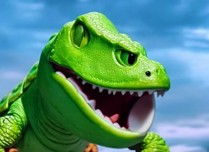 Image similar to film still of yoshi in the new sci - fi movie, cute upright dinosaur with a small turtle shell and long tongue, 8 k