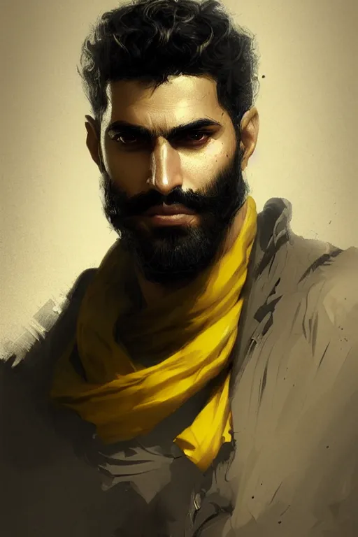 Image similar to Arab man light beard, curly hair, swordsman, modern, hero, yellow and charcoal leather, highly detailed, digital painting, artstation, concept art, sharp focus, illustration, by greg rutkowski