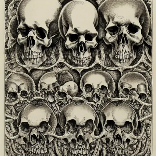 Image similar to skulls, hyperbolic tesselation by mc escher and jamnitzer and gustave dore