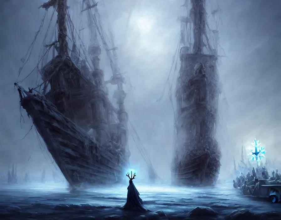 Prompt: a frozen zombie man with a crown, eyes are glowing, broken sailing ship boat in the background, is at dawn and bluish, fantasy, intricate, elegant, highly detailed, digital painting, artstation, concept art, matte, sharp focus, illustration, art by aenaluck and roberto ferri and greg rutkowski, epic fantasy, digital painting