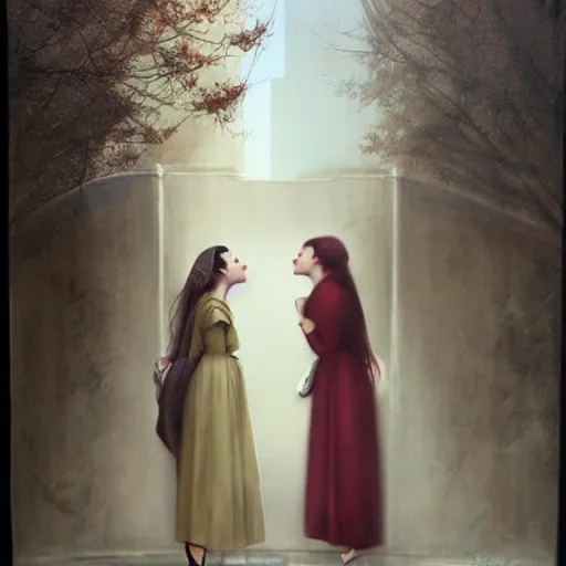 Image similar to two women kissing on the street, tom bagshaw style,